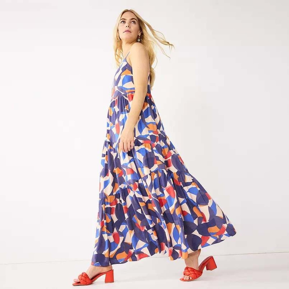 Nine West Womens Abstract Tiered Maxi Dress Blue‎ Orange Large Vacation Preppy